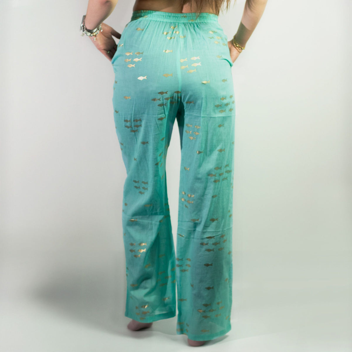 Nomad Sari Lounge Pants (L/XL) – Turquoise with Hand-Painted Gold Fish Design AW Dropship UK