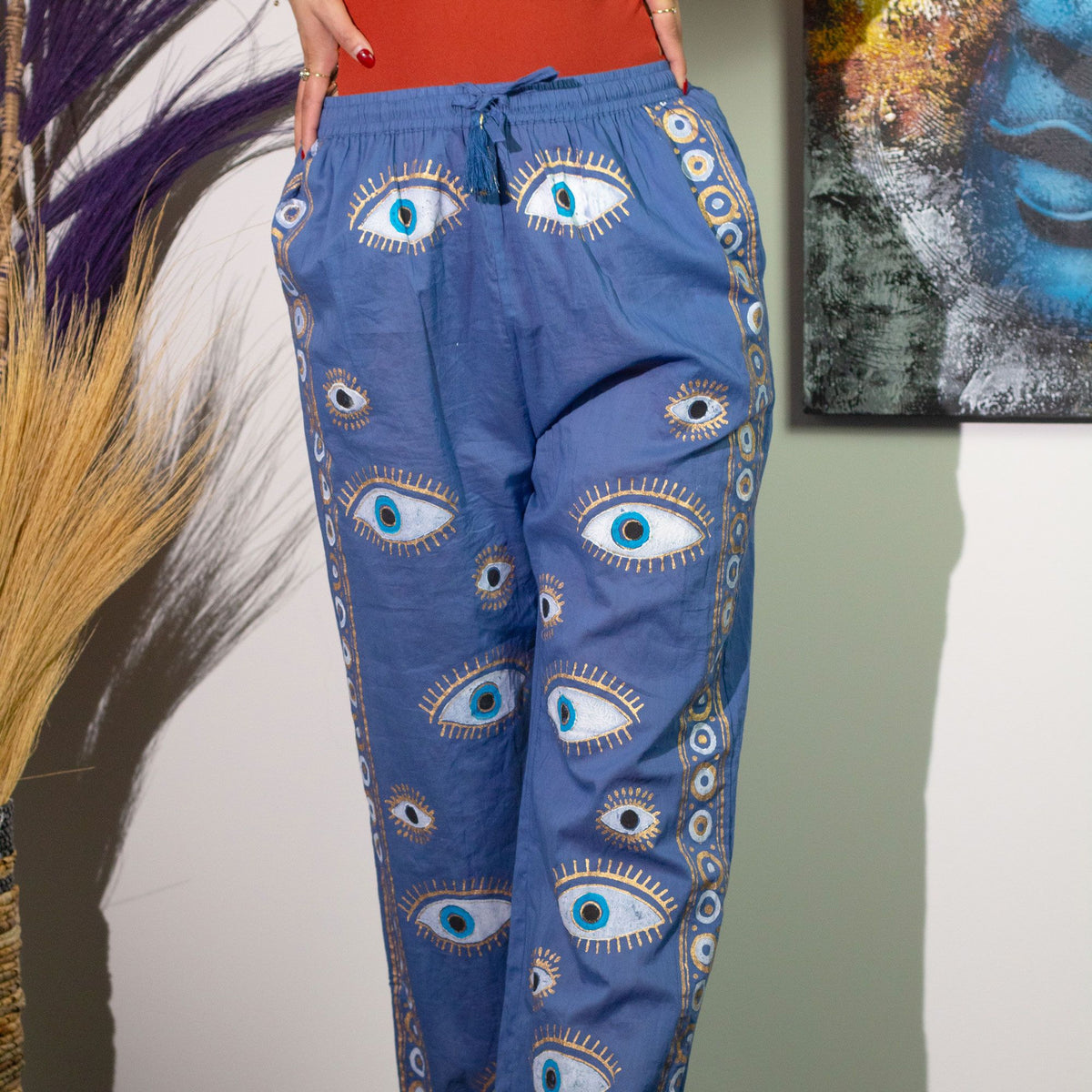 Nomad Sari Lounge Pants (M/L) – Rich Blue with Hand-Painted Gold Evil Eye Design AW Dropship UK