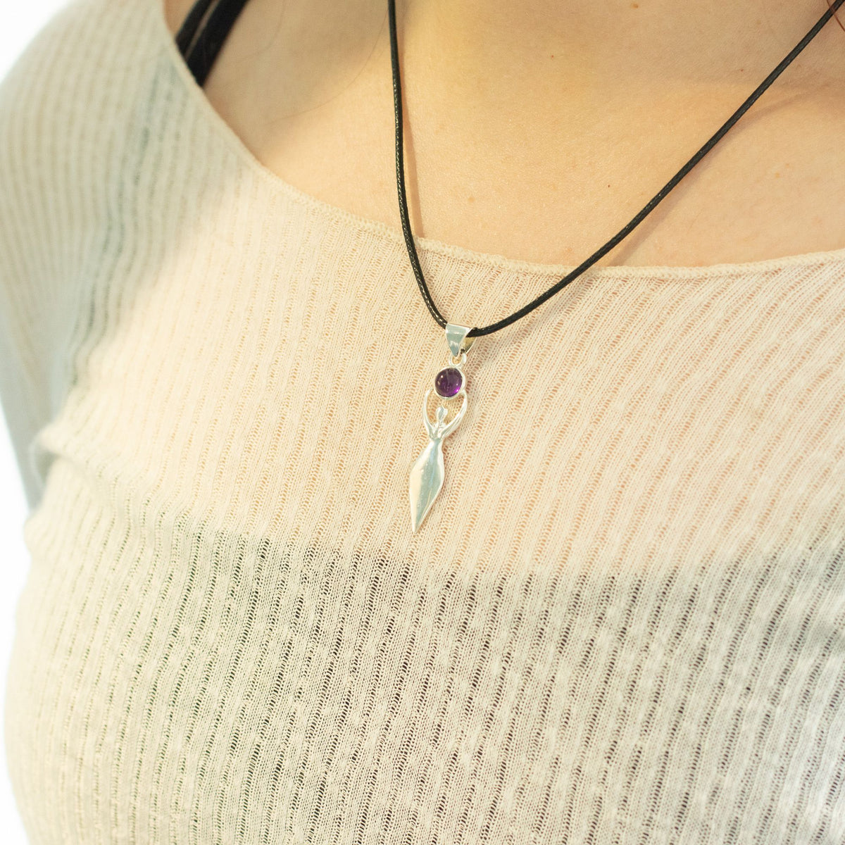 Indian Devotional Pendant - Silver Plated (45cm Cord)- Goddess Amethyst AW Dropship UK