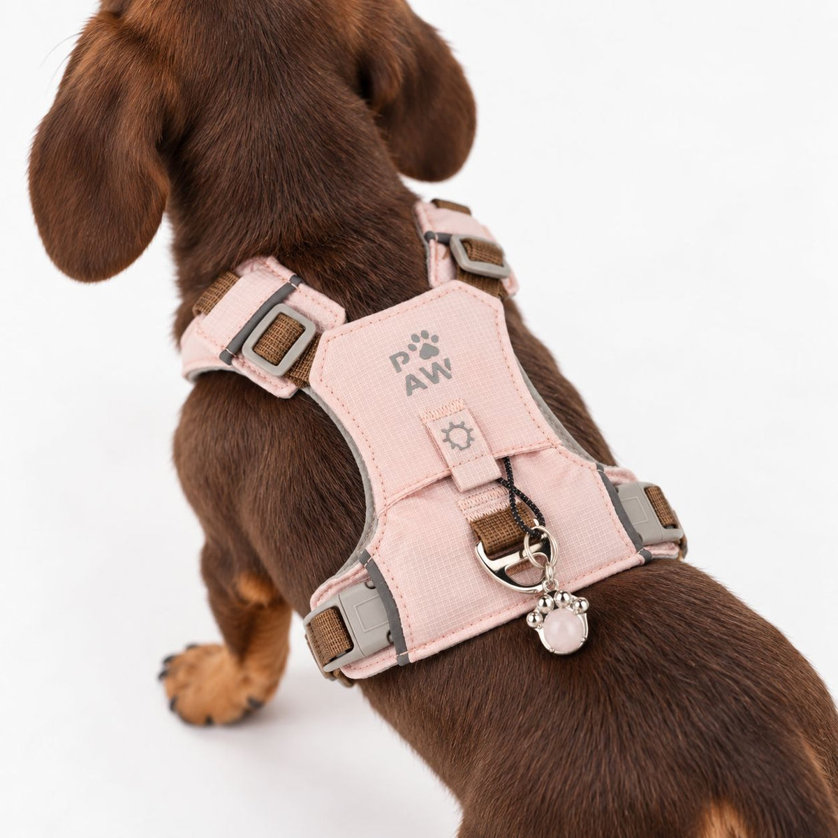 Pink reflective dog harness fit detail