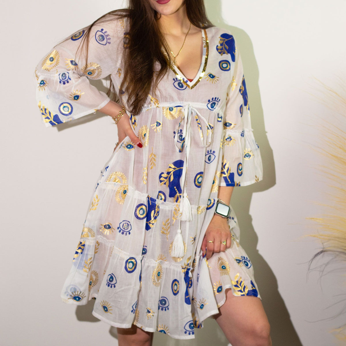 Nomad Sari Evil Eye Dress – White, Blue & Gold – Size L/XL AW Dropship UK