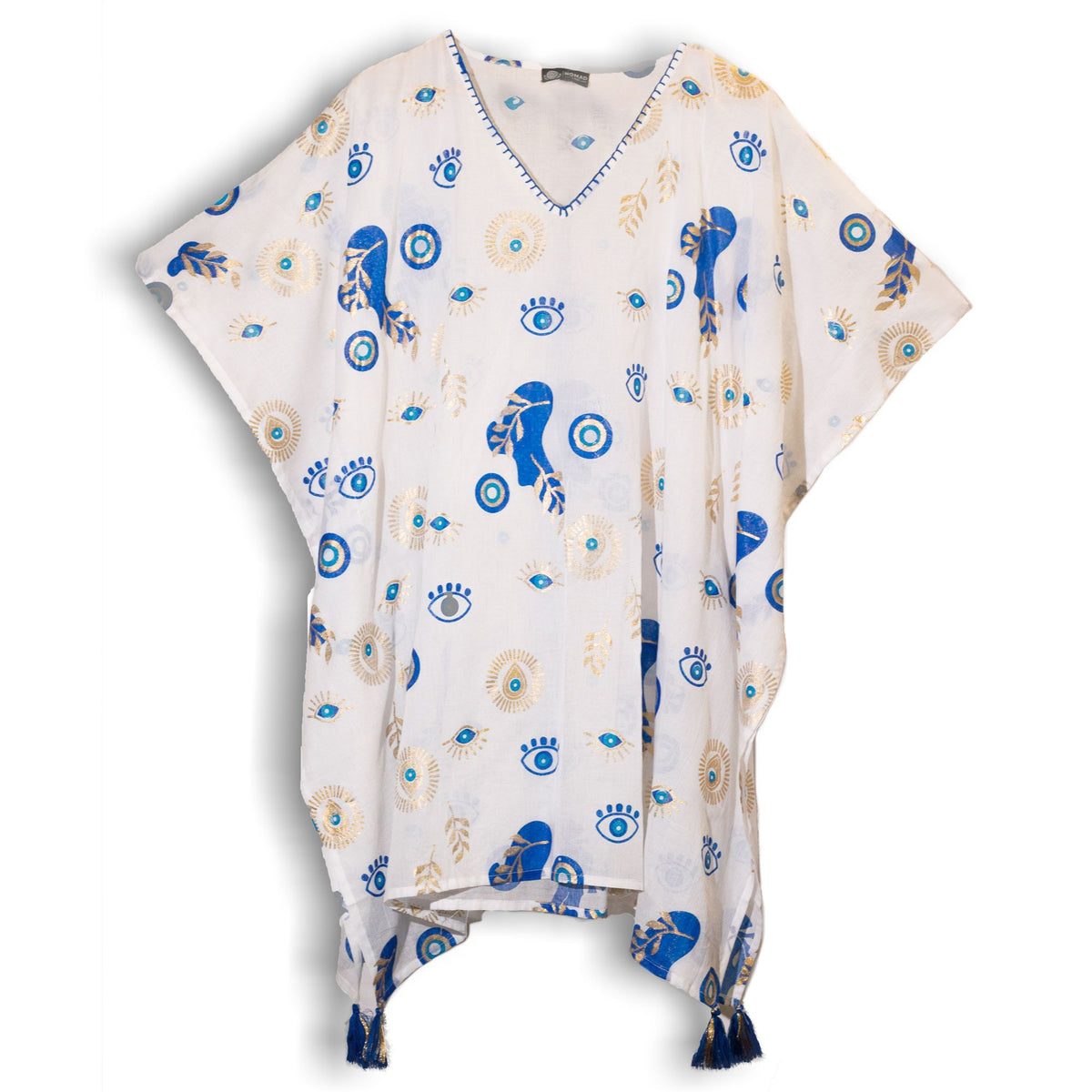 Nomad Sari Kaftan – White with Blue & Gold Evil Eye Print AW Dropship UK