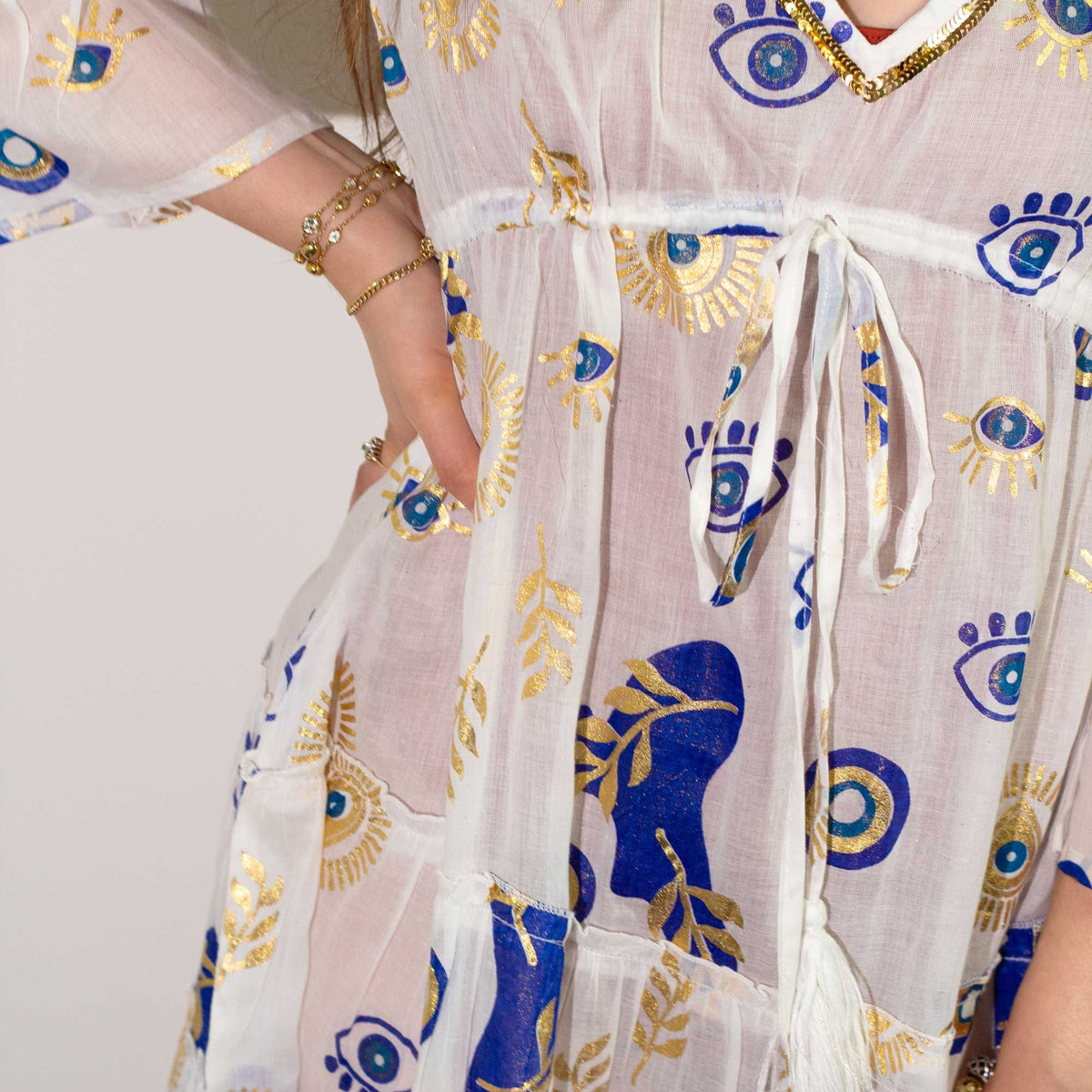 Nomad Sari Evil Eye Dress – White, Blue & Gold – Size L/XL AW Dropship UK