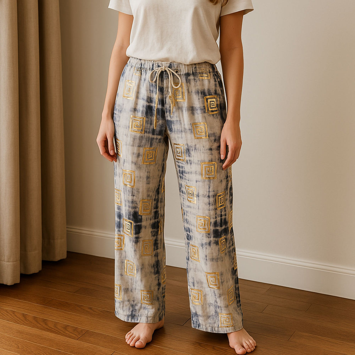 Nomad Sari Lounge Pants (M/L) – Blue Tie-Dye with Gold Greek Motif AW Dropship UK