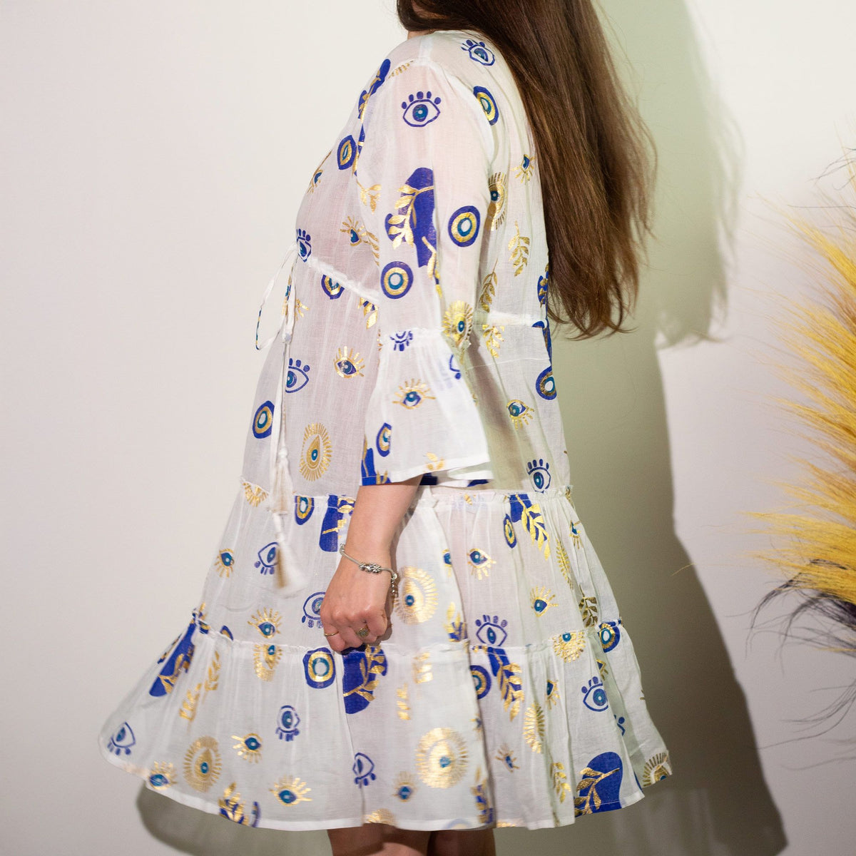 Nomad Sari Evil Eye Dress – White, Blue & Gold – Size L/XL AW Dropship UK