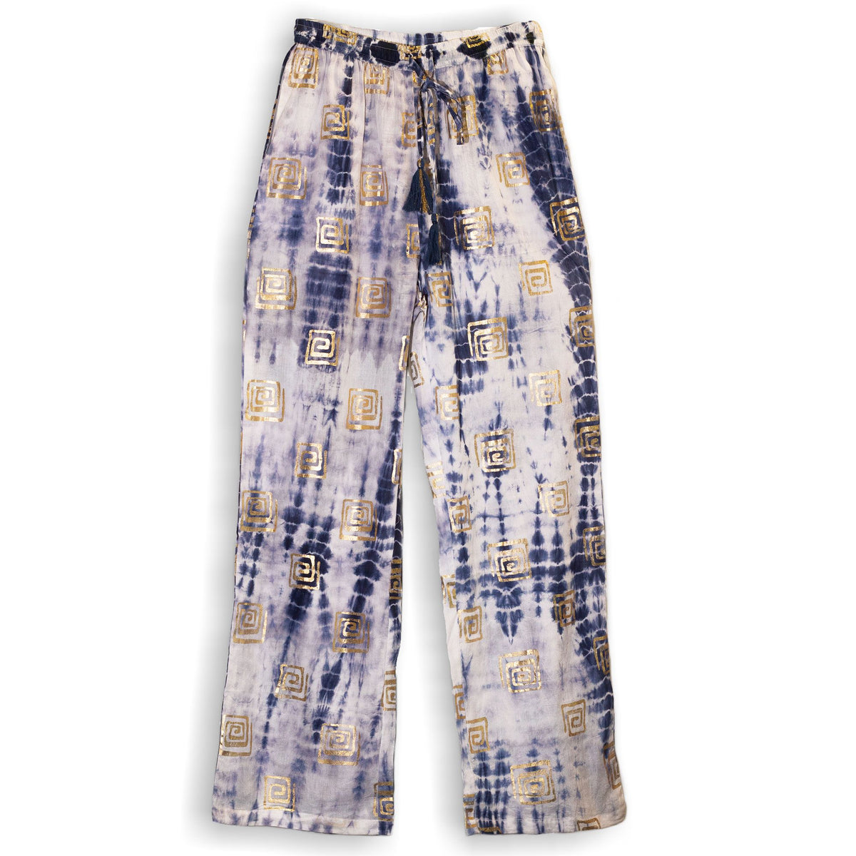 Nomad Sari Lounge Pants (M/L) – Blue Tie-Dye with Gold Greek Motif AW Dropship UK