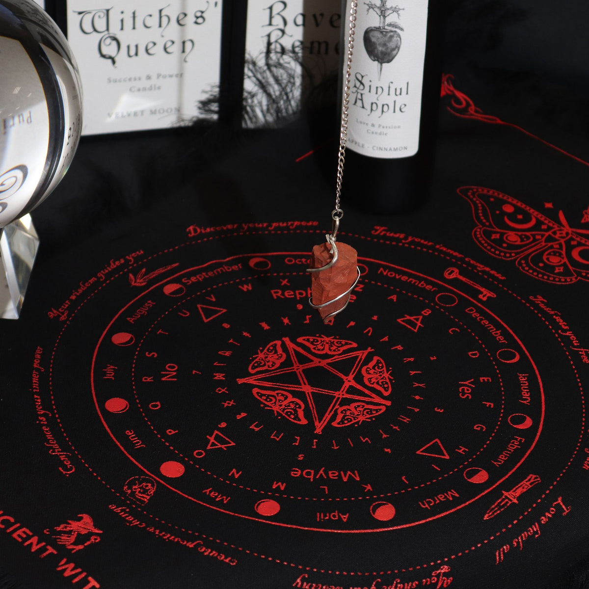 Ancient Witch Pendulum Divination Cloth - Sun Face - Black & Blood Red AW Dropship UK