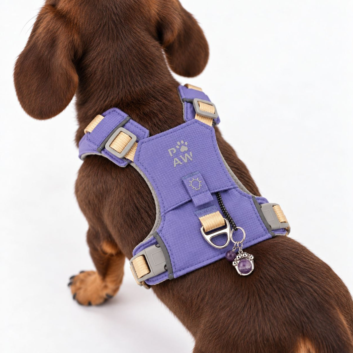 Lavender reflective dog harness fit detail
