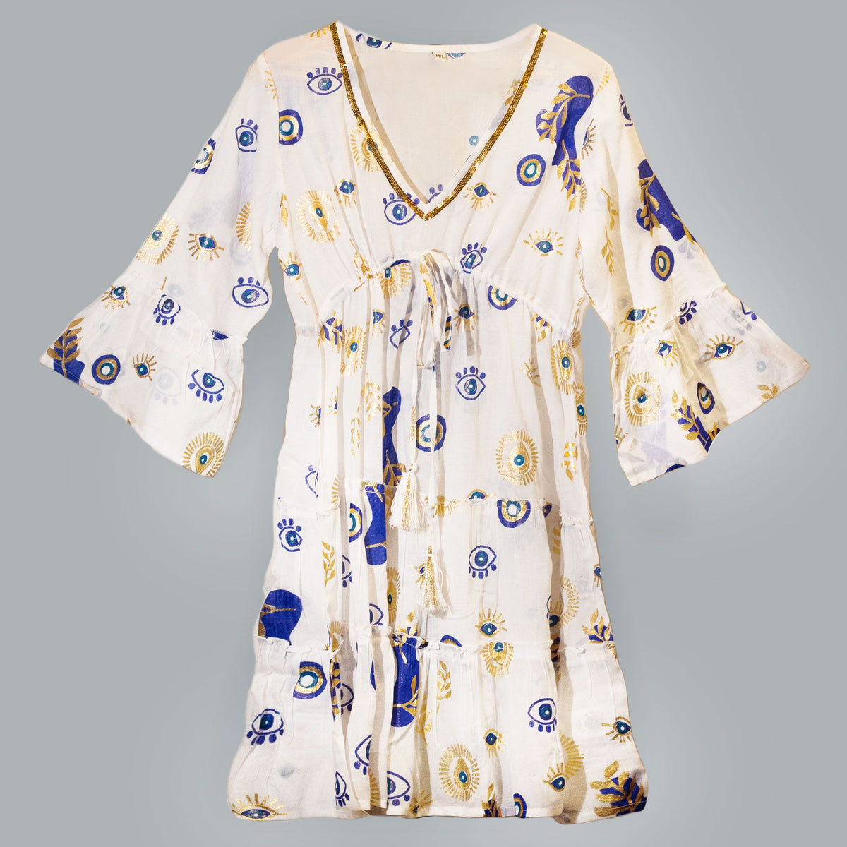 Nomad Sari Evil Eye Dress – White, Blue & Gold – Size M/L AW Dropship UK