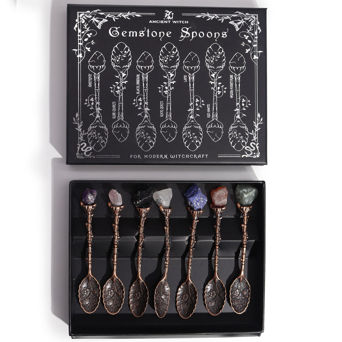 Set of 7 Bronze Gemstone Crystal Witch Spoons AW Dropship UK