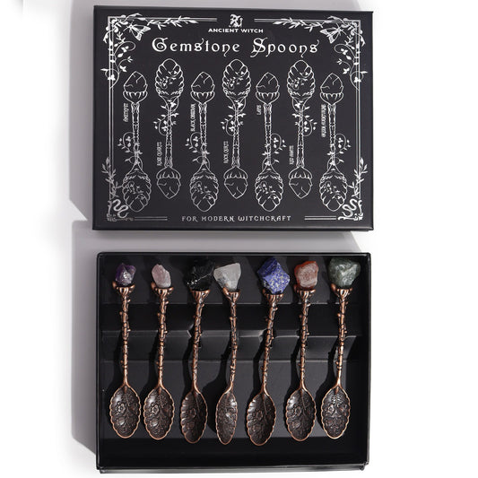 Set of 7 Bronze Gemstone Crystal Witch Spoons AW Dropship UK