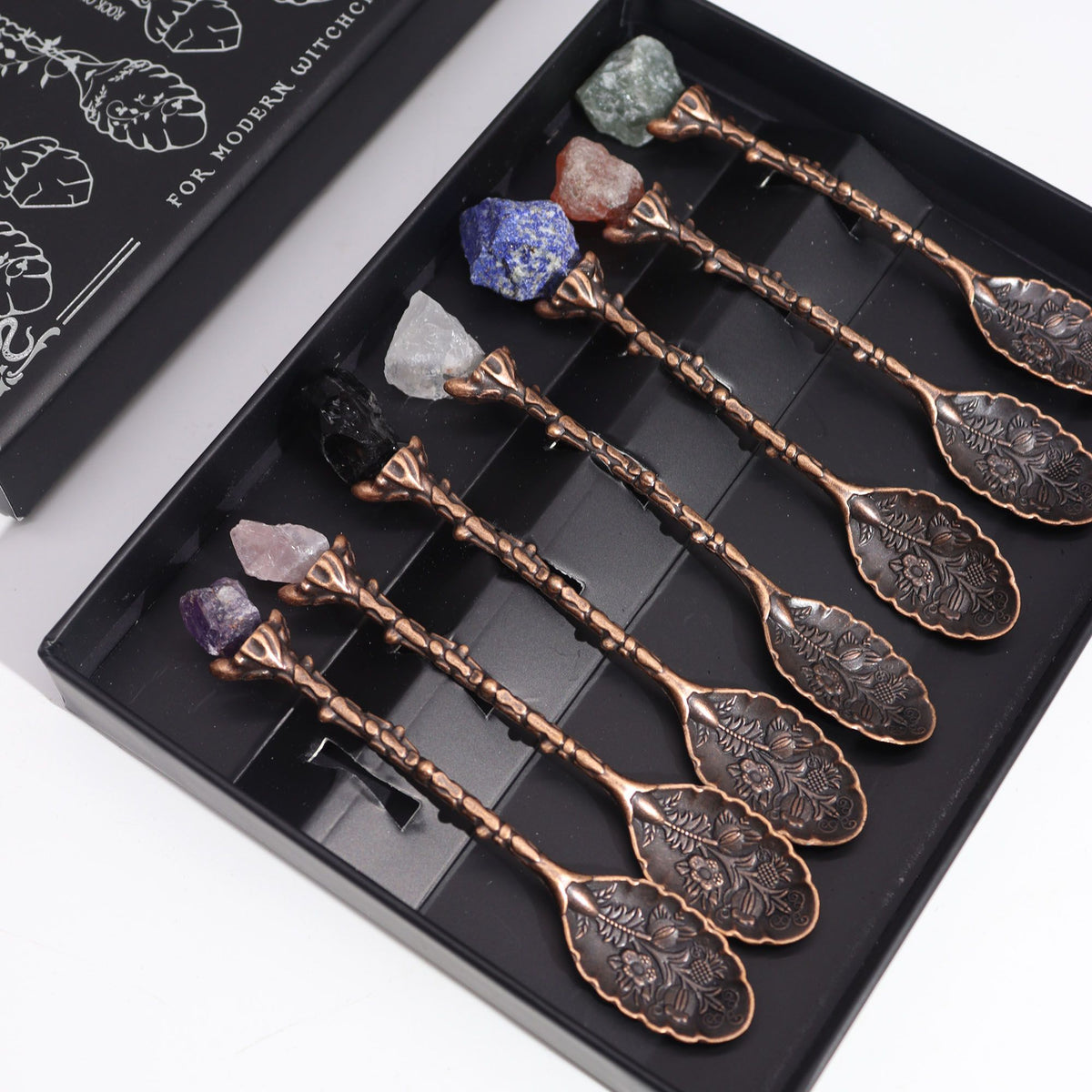 Set of 7 Bronze Gemstone Crystal Witch Spoons AW Dropship UK