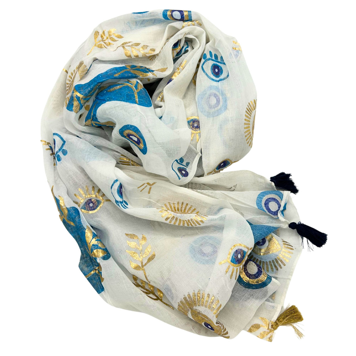 Nomad Sari Pareo – White, Blue & Gold Evil Eye Print AW Dropship UK