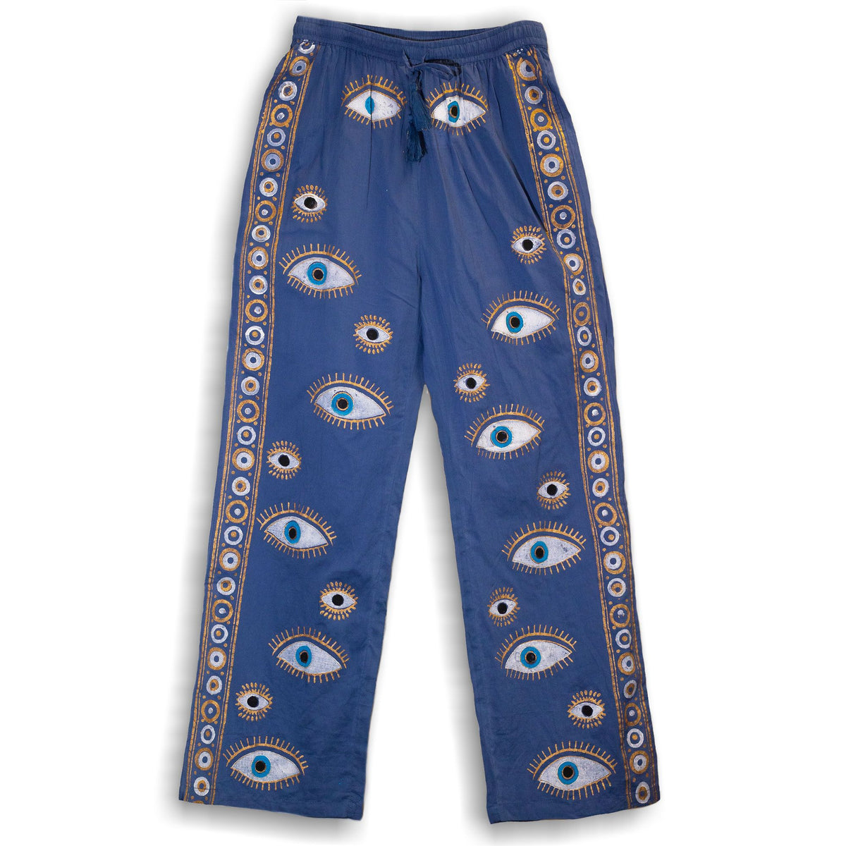 Nomad Sari Lounge Pants (L/XL) – Rich Blue with Hand-Painted Gold Evil Eye Design AW Dropship UK