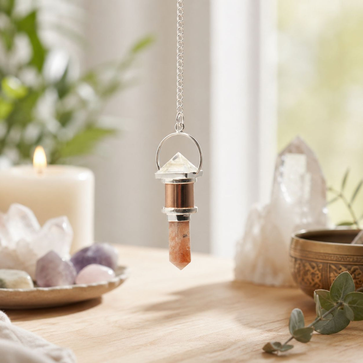 The Moon Chamber- Combo Piece Copper Pendulum -  Clear Quartz & Sunstone AW Dropship UK