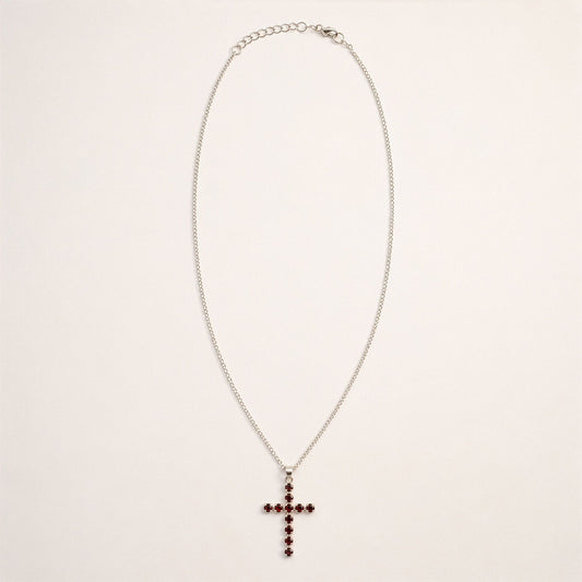 Indian Devotional Pendant - Silver Plated (45cm Chain)- Garnet Crucifix AW Dropship UK