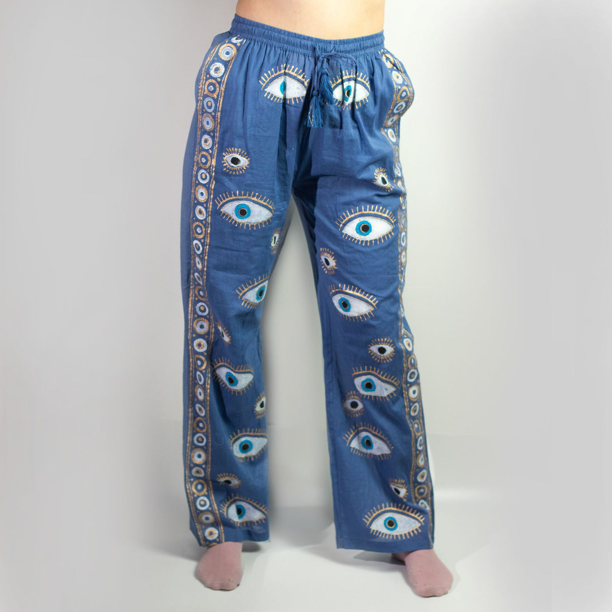 Nomad Sari Lounge Pants (M/L) – Rich Blue with Hand-Painted Gold Evil Eye Design AW Dropship UK