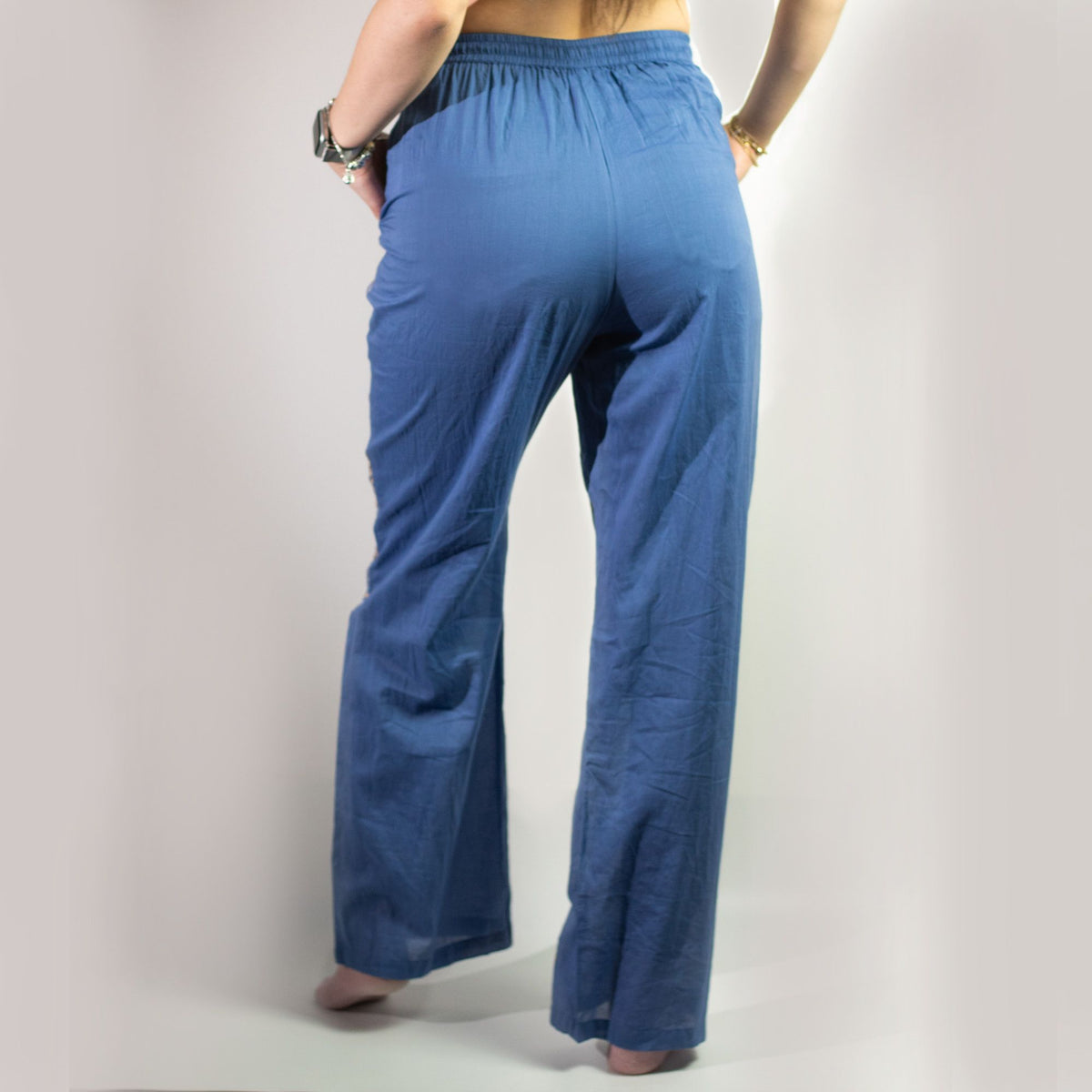Nomad Sari Lounge Pants (M/L) – Rich Blue with Hand-Painted Gold Evil Eye Design AW Dropship UK