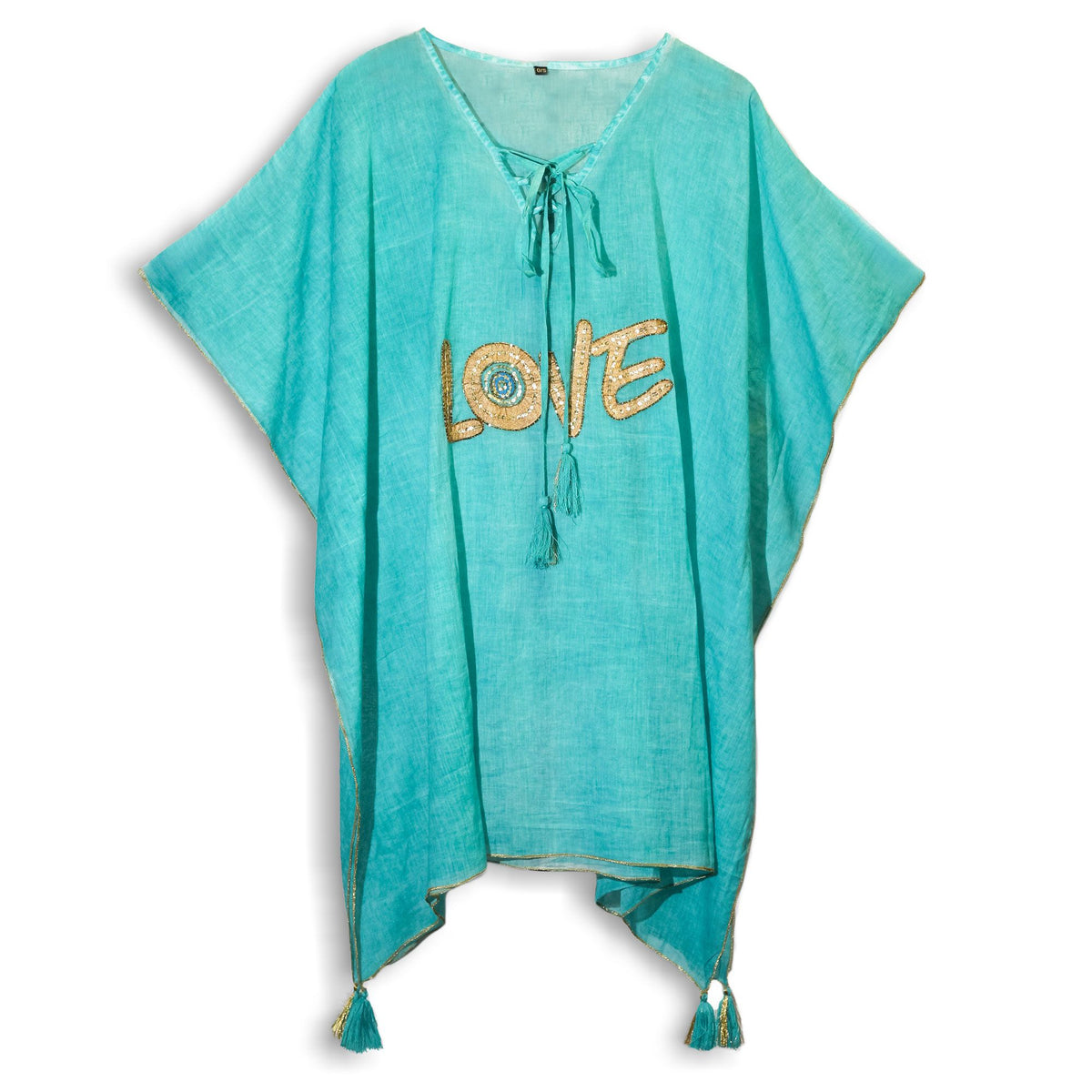 Nomad Sari Kaftan – Turquoise & Gold LOVE Motif AW Dropship UK