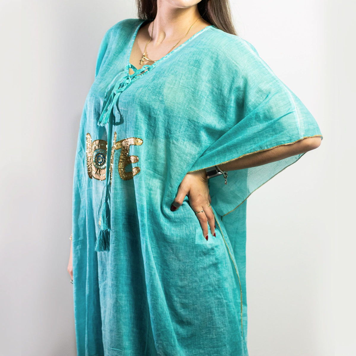 Nomad Sari Kaftan – Turquoise & Gold LOVE Motif AW Dropship UK