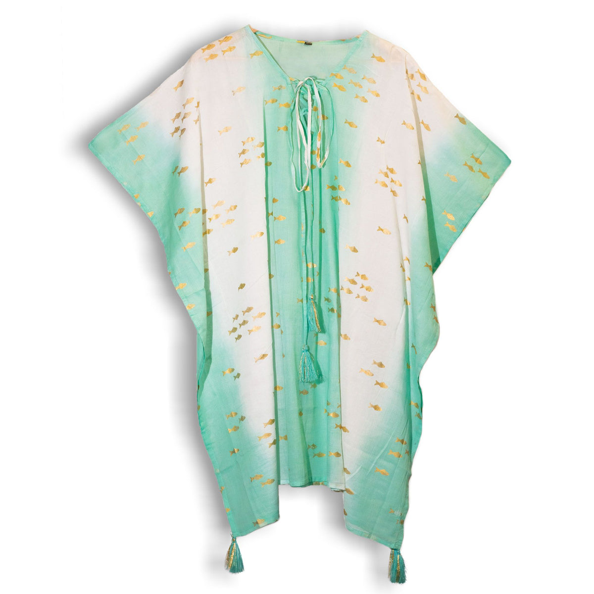 Nomad Sari Kaftan – White & Turquoise with Gold Fish Print AW Dropship UK