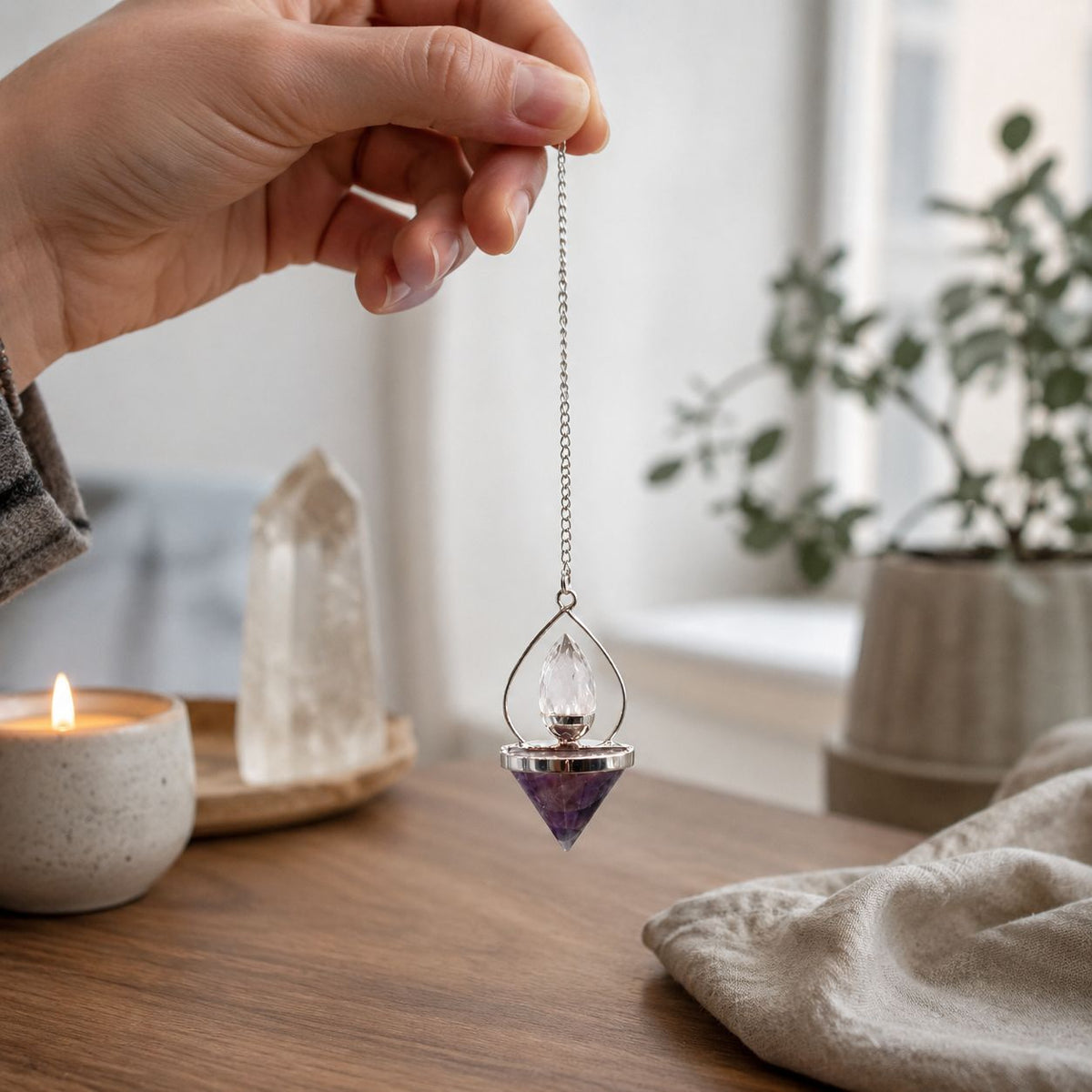 Gemstone Lantern of Life Pendulum - Amethyst & Rock Quartz AW Dropship UK