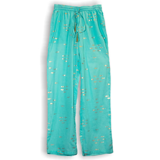 Nomad Sari Lounge Pants (L/XL) – Turquoise with Hand-Painted Gold Fish Design AW Dropship UK