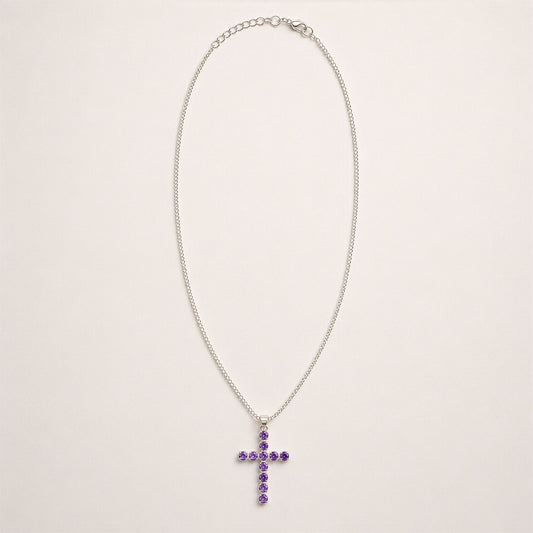 Indian Devotional Pendant - Silver Plated (45cm Chain)- Amethyst Crucifix AW Dropship UK
