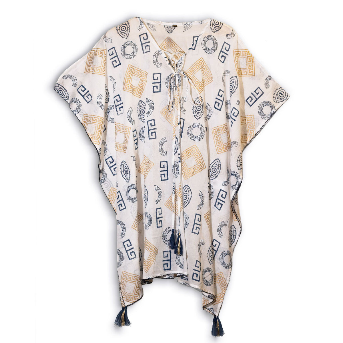 Nomad Sari Kaftan – Blue & Gold Greek Motif Print AW Dropship UK