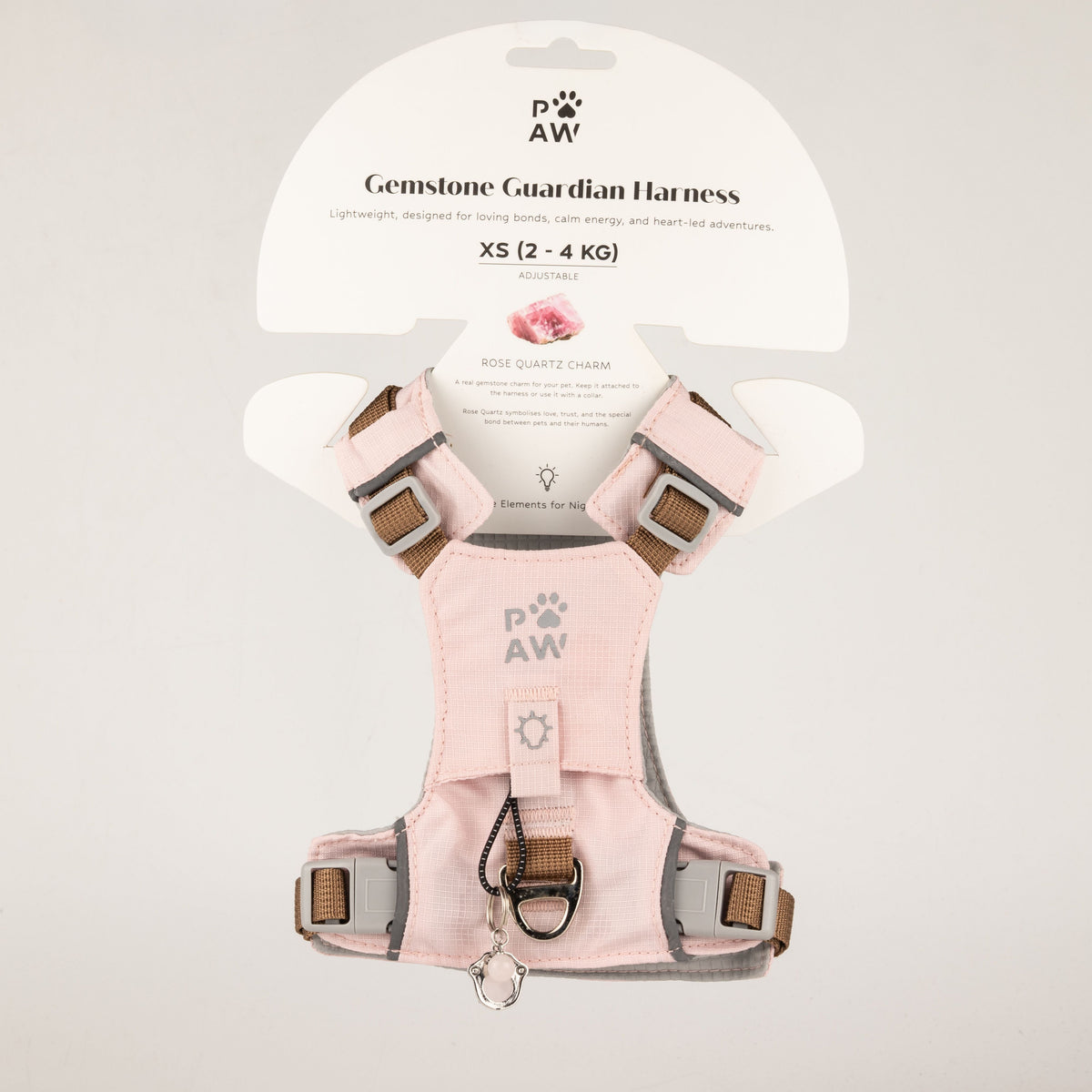 XS soft pink dog harness with rose quartz charm