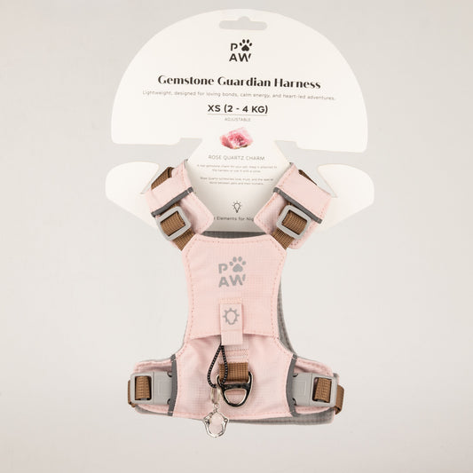 XS soft pink dog harness with rose quartz charm