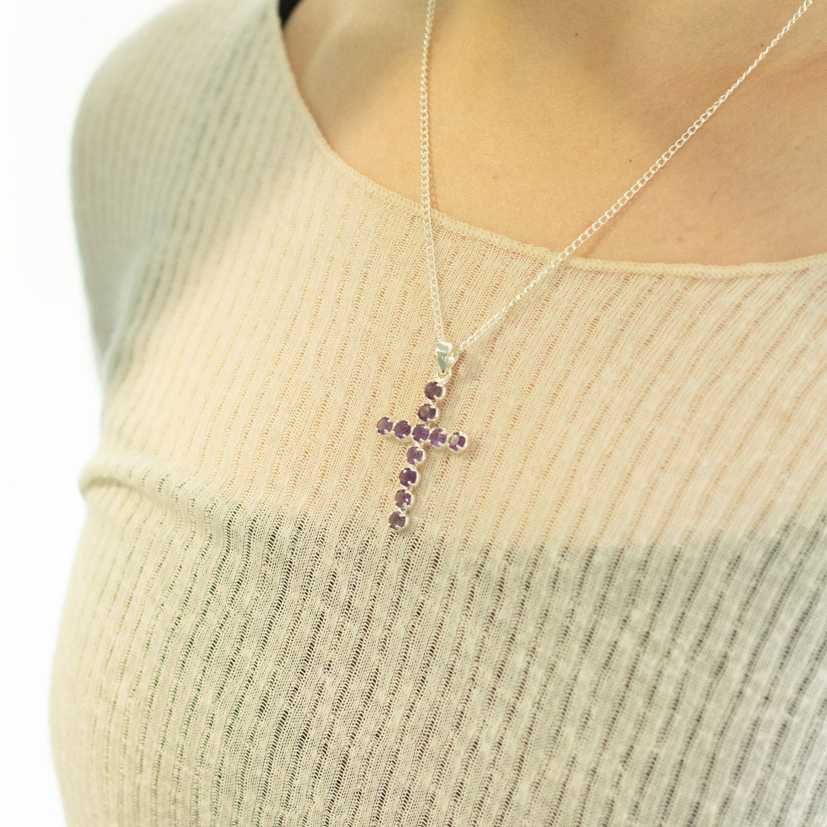 Indian Devotional Pendant - Silver Plated (45cm Chain)- Amethyst Crucifix AW Dropship UK
