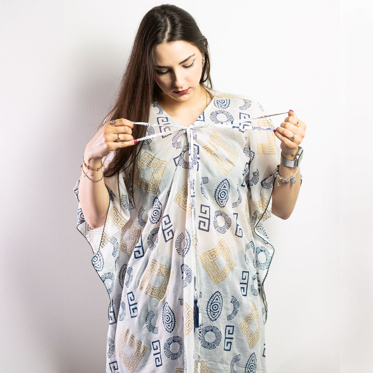 Nomad Sari Kaftan – Blue & Gold Greek Motif Print AW Dropship UK