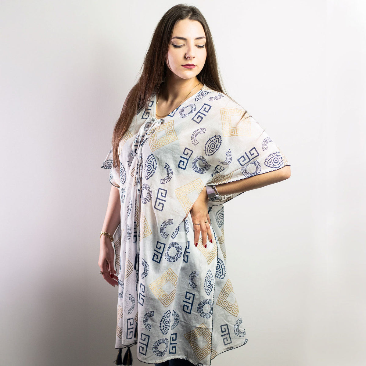 Nomad Sari Kaftan – Blue & Gold Greek Motif Print AW Dropship UK