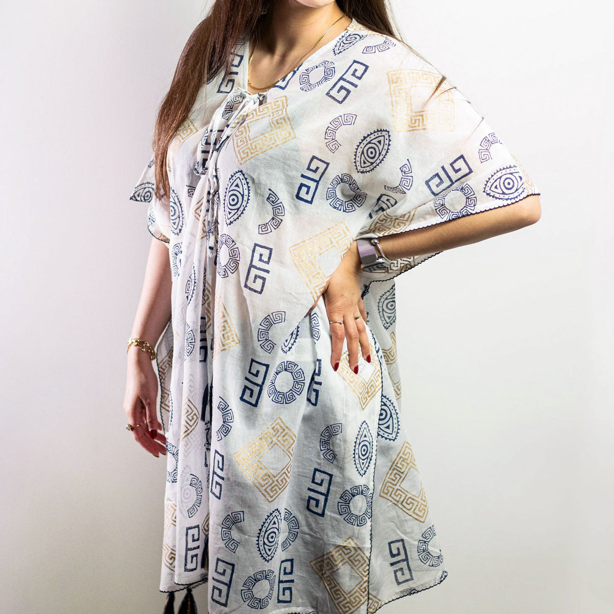 Nomad Sari Kaftan – Blue & Gold Greek Motif Print AW Dropship UK
