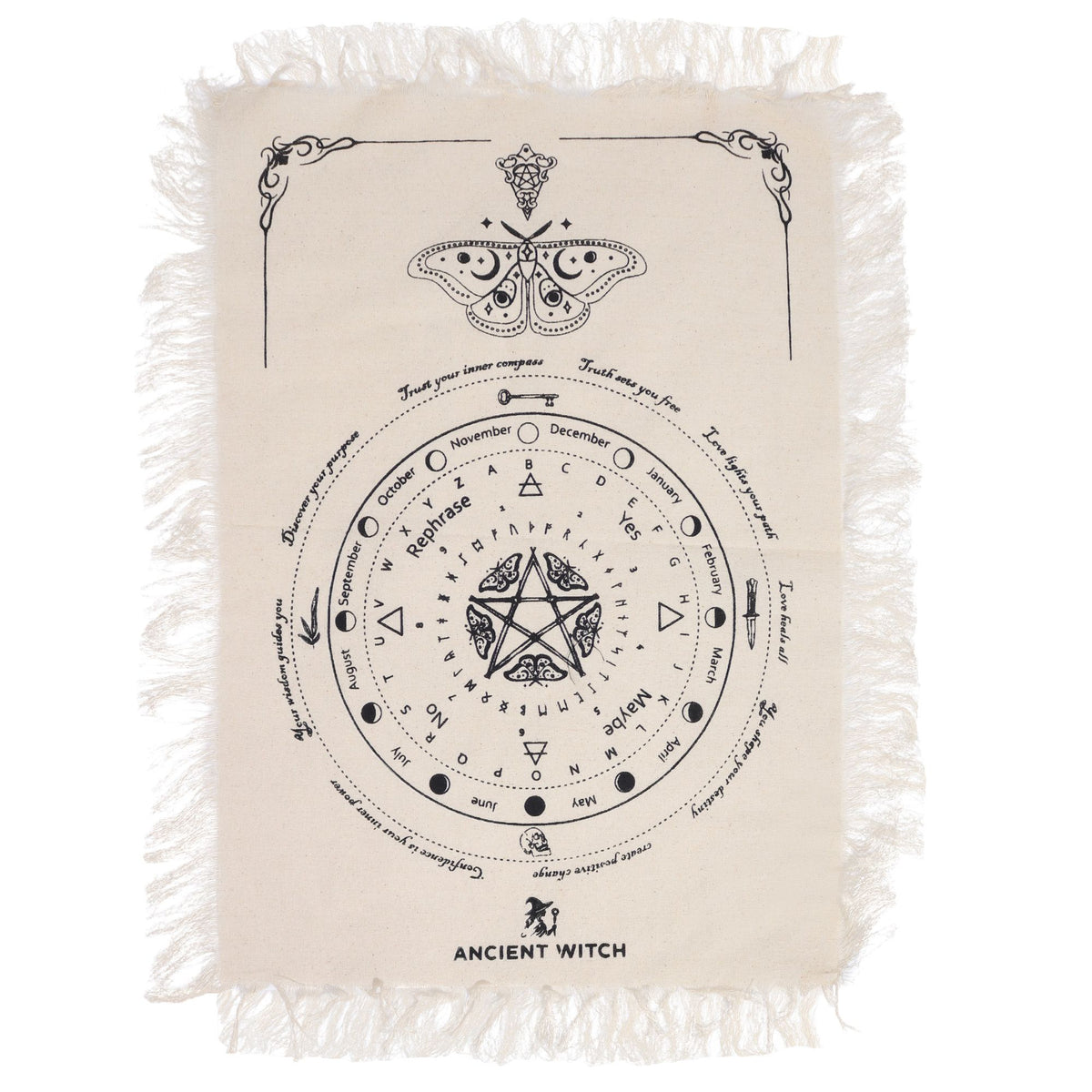 Ancient Witch Pendulum Divination Cloth - Mystic Moth - Natural & Black AW Dropship UK