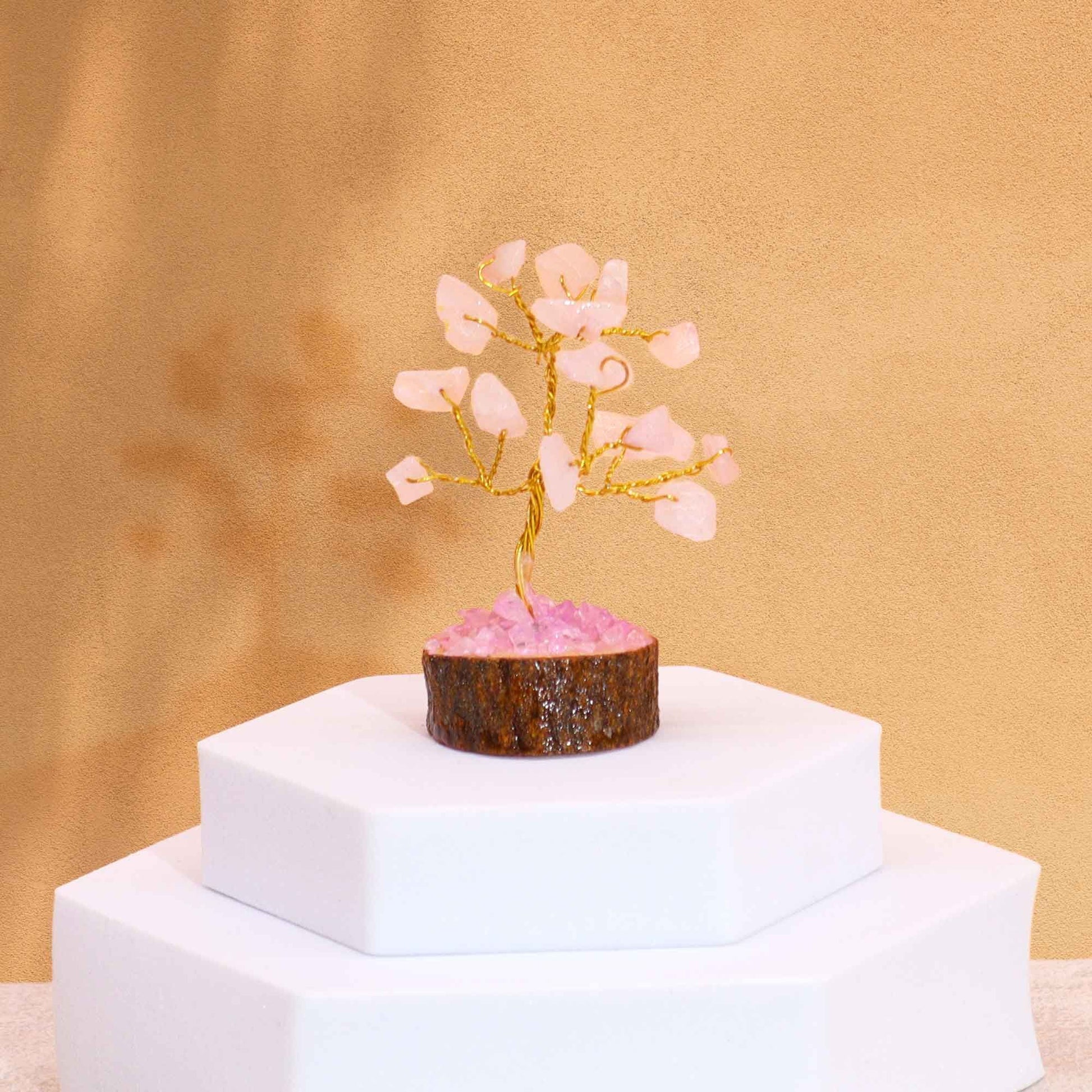 Mini Gemstone Tree On Wood Base - Rose Quartz (15 stones) AW Dropship UK