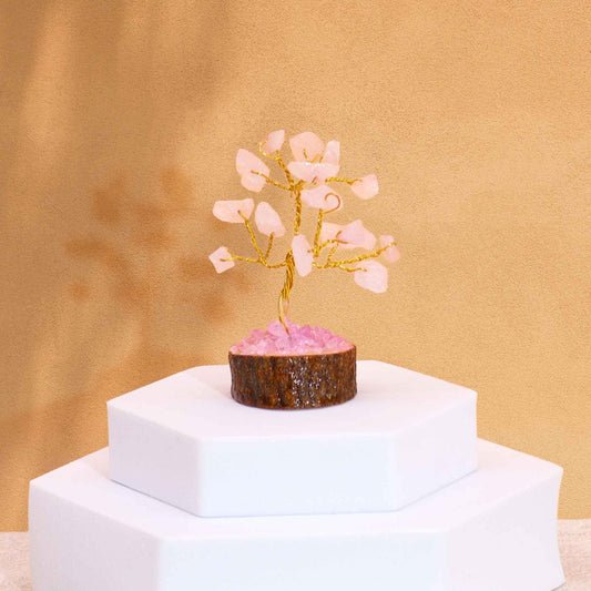 Mini Gemstone Tree On Wood Base - Rose Quartz (15 stones) AW Dropship UK