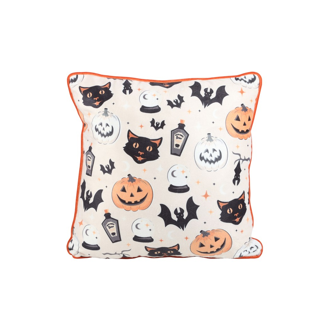 35cm Square Spooky Cat and Pumpkin Print Cushion N/A