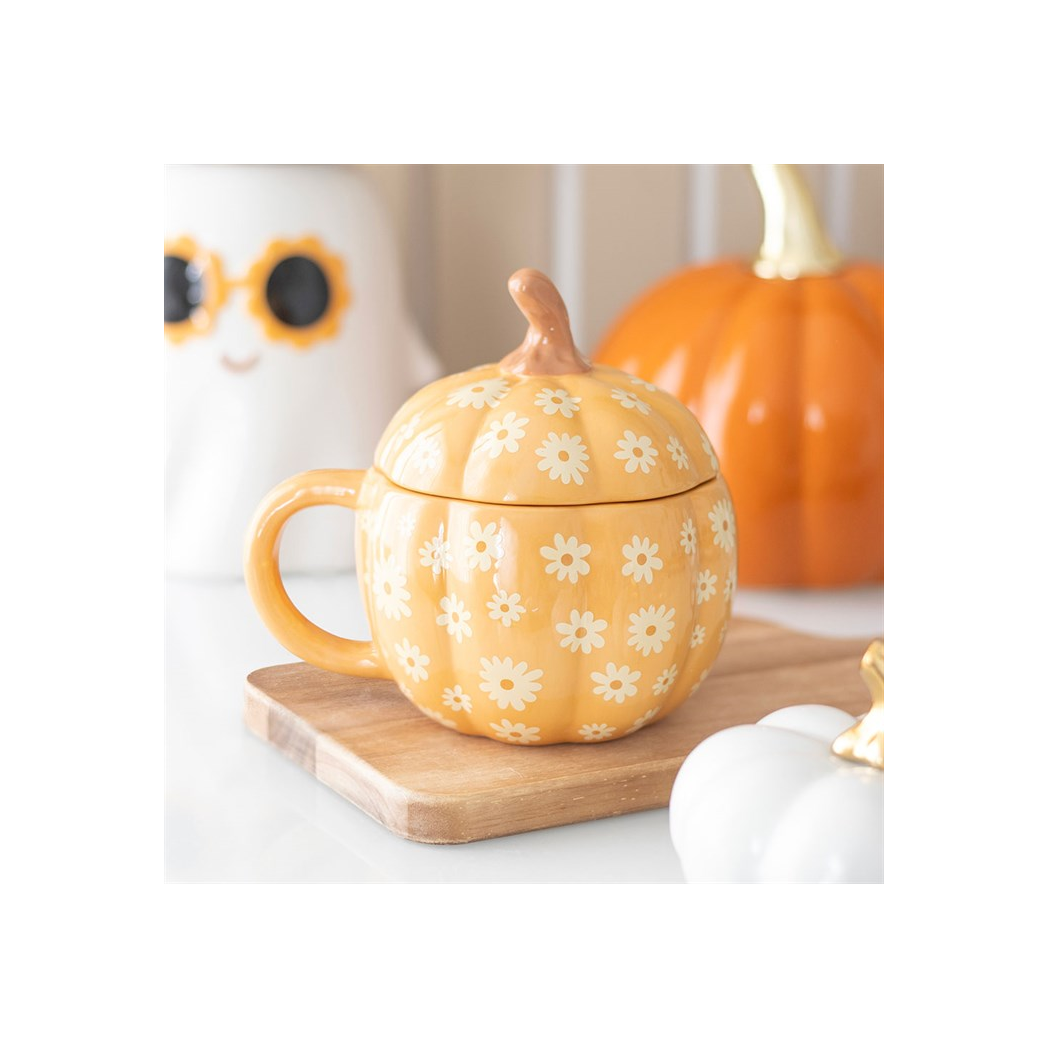 Groovy floral pumpkin lidded mug
