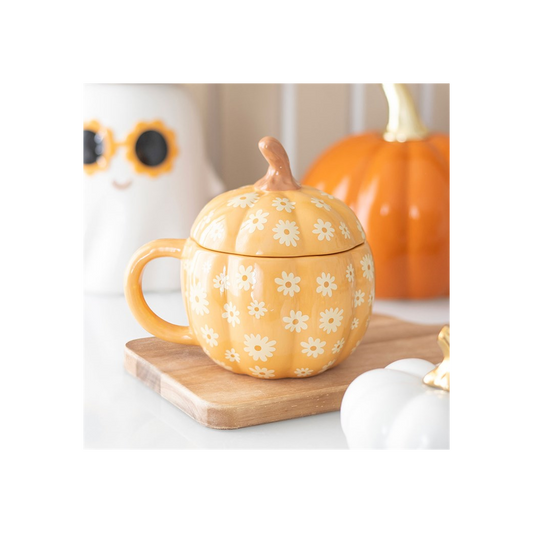 Groovy floral pumpkin lidded mug