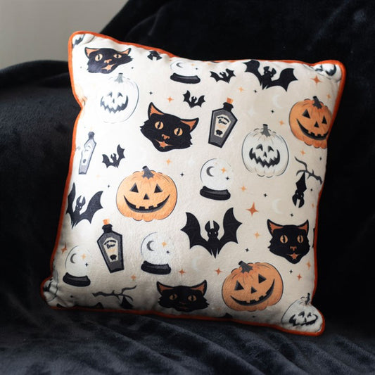 35cm Square Spooky Cat and Pumpkin Print Cushion N/A