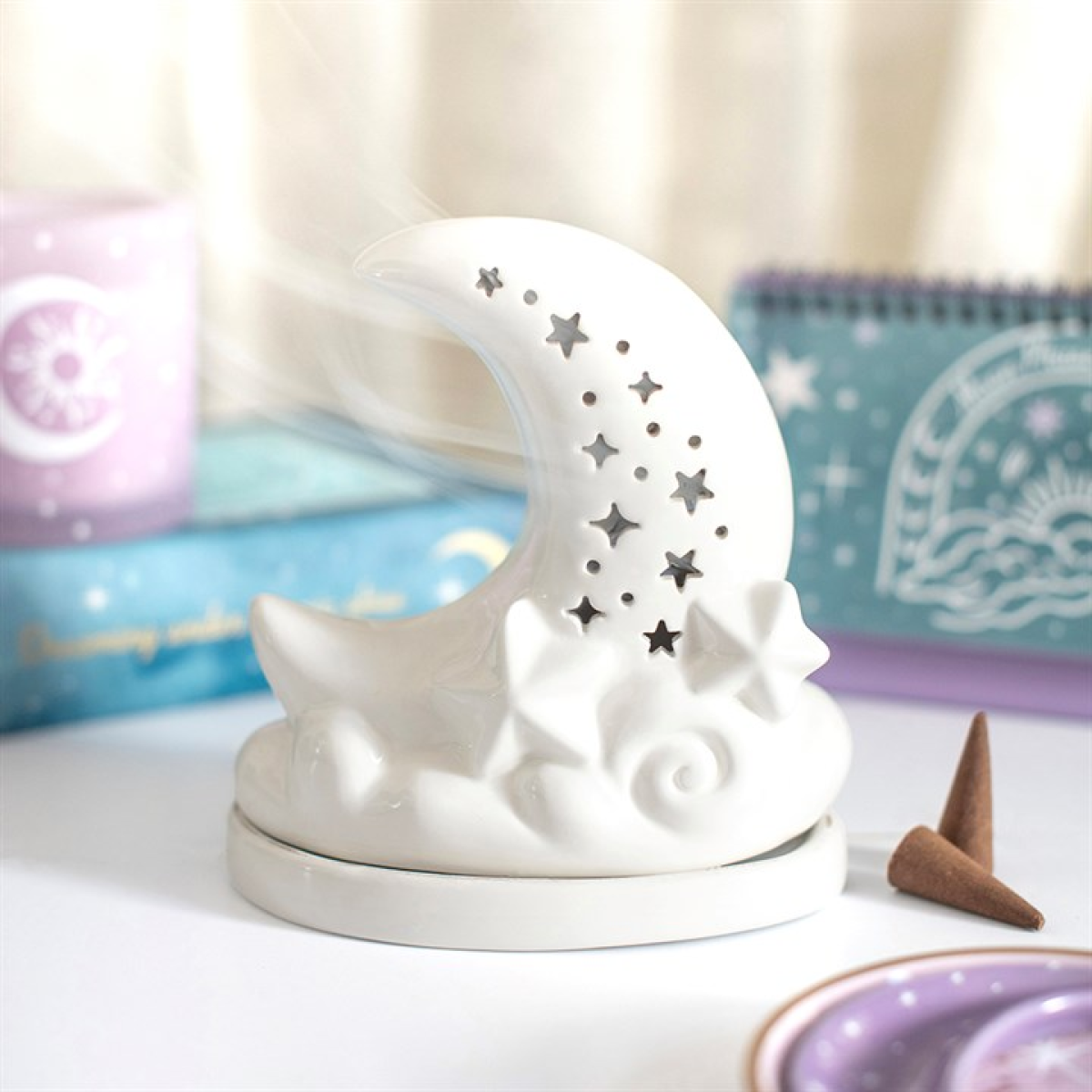 White Pastel Skies Moon Incense Cone Holder N/A