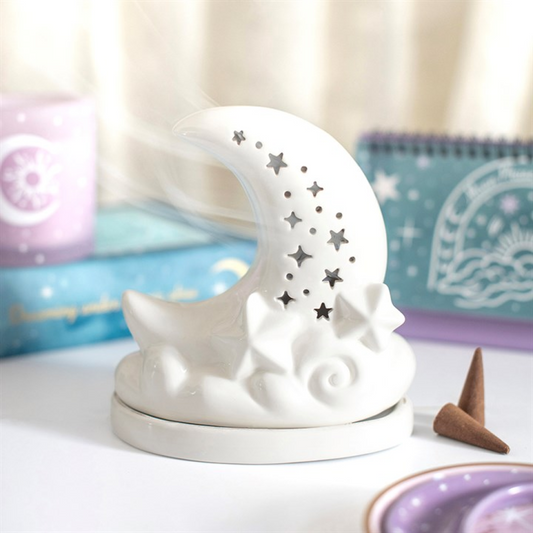 White Pastel Skies Moon Incense Cone Holder N/A