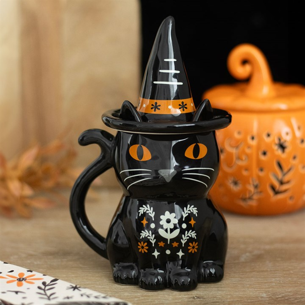 Frightful Folk black cat lidded mug