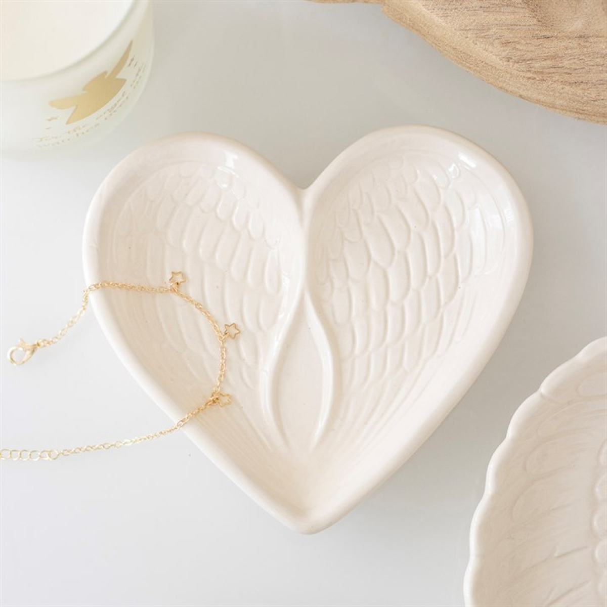 Off White Angel Wing Heart Trinket Dish N/A
