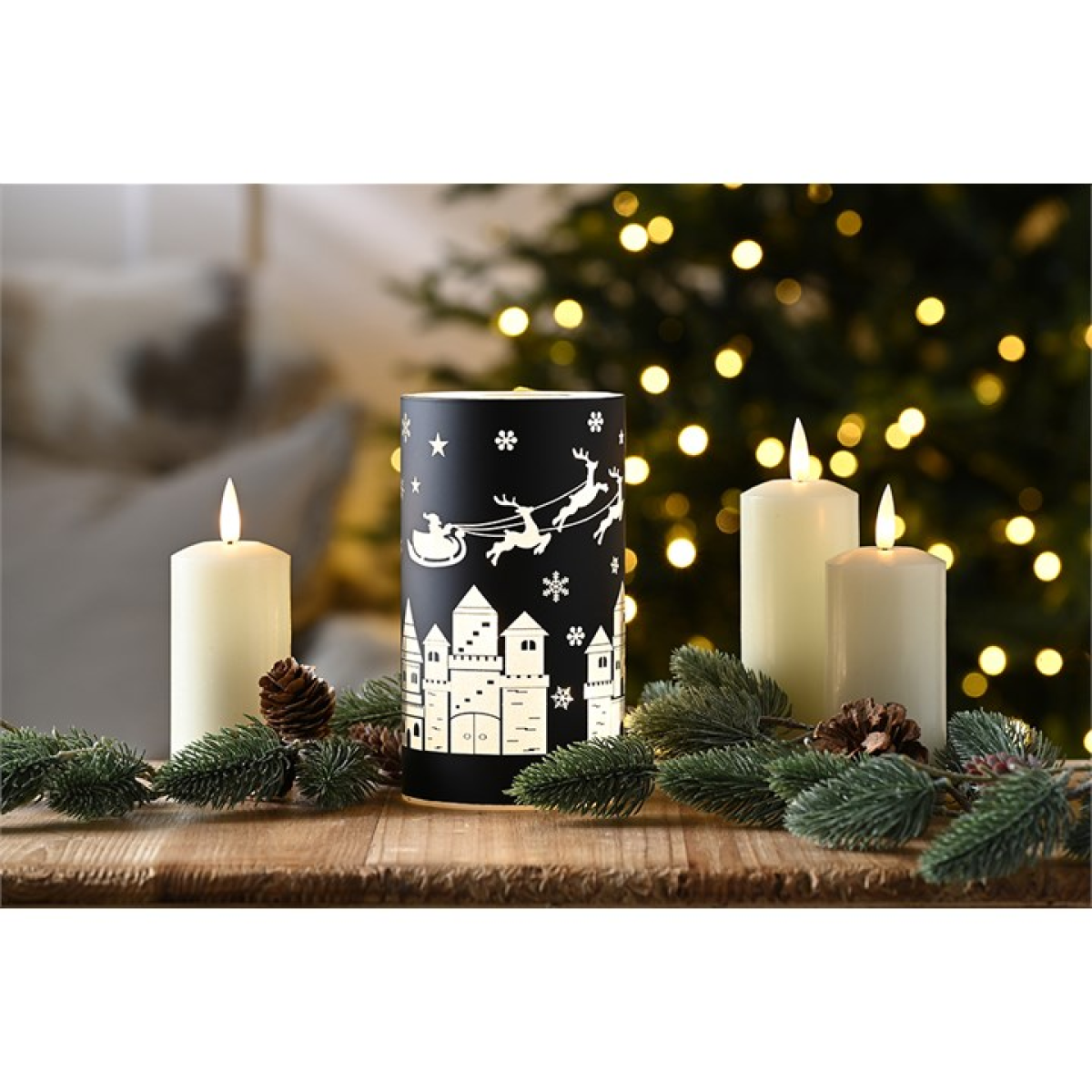 Black Glass Tealight Holder with Sleigh Scene N/A