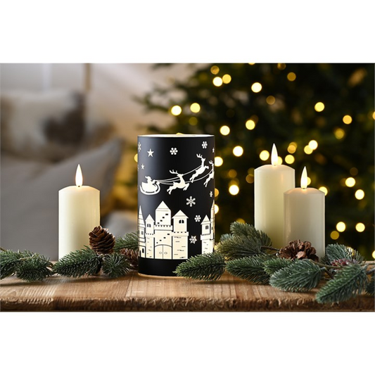 Black Glass Tealight Holder with Sleigh Scene N/A